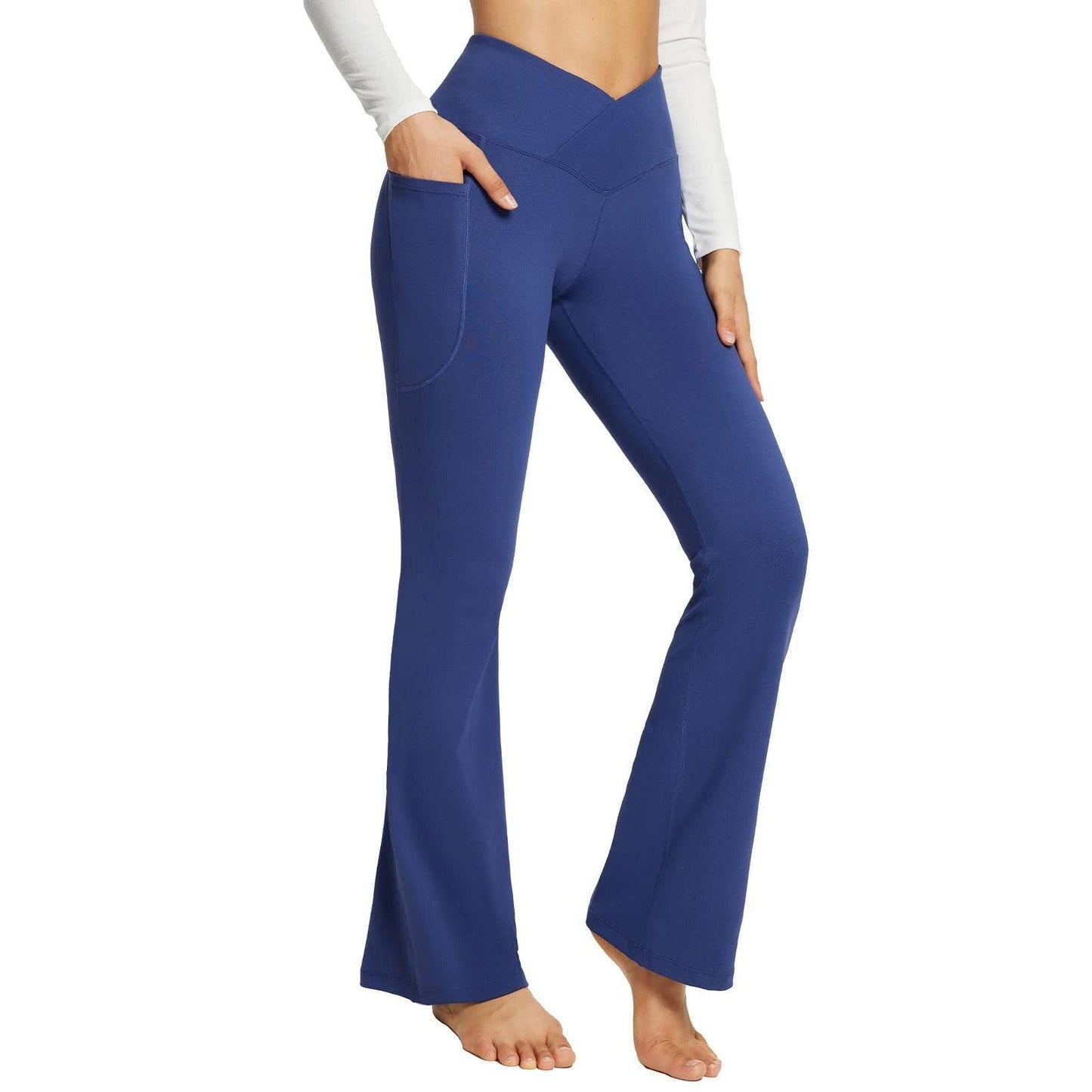 Blaue Yogahose Damen, Bootcut, mit Taschen, elastisch, bequem, Sportbekleidung.