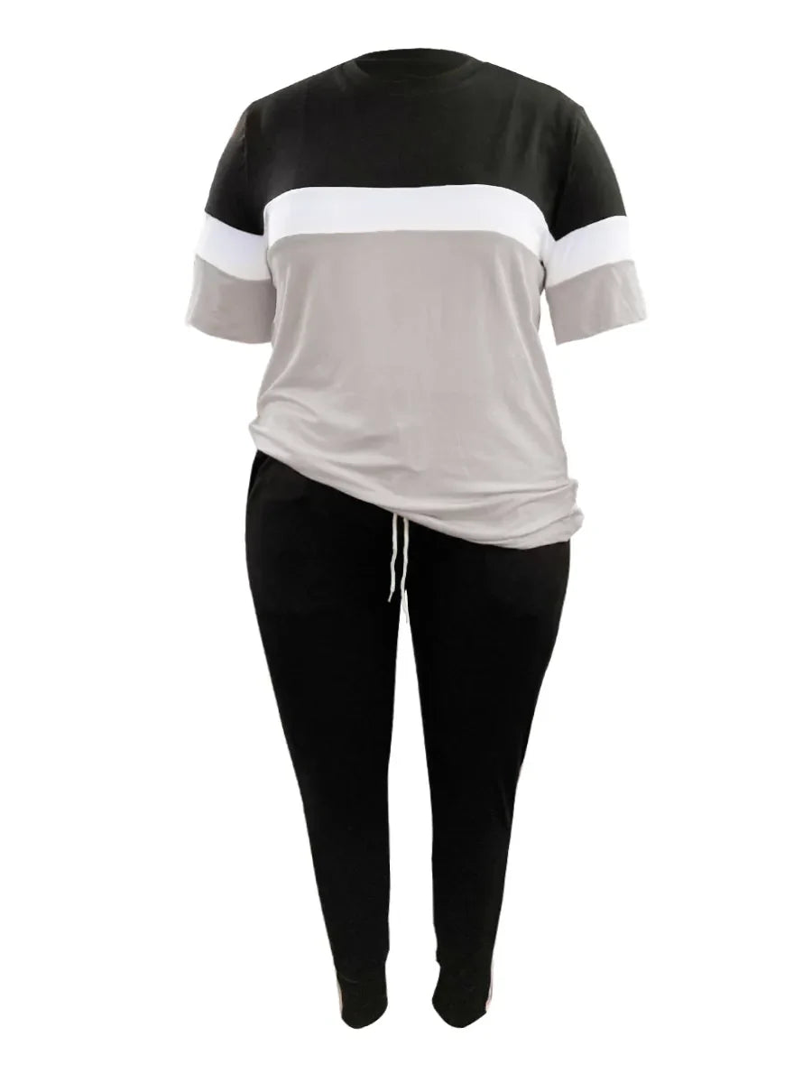 Damen Zweiteiler Set, schwarz-grau, T-Shirt und Hose, Freizeitmode, Baumwolle, bequem.