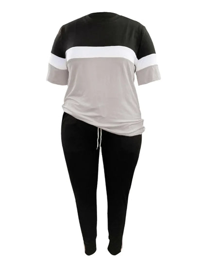 Damen Zweiteiler Set, schwarz-grau, T-Shirt und Hose, Freizeitmode, Baumwolle, bequem.