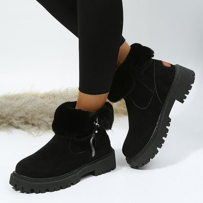 Schwarze Damen-Winterstiefel mit Fellfutter, rutschfeste Sohle, Reißverschluss, modisch.