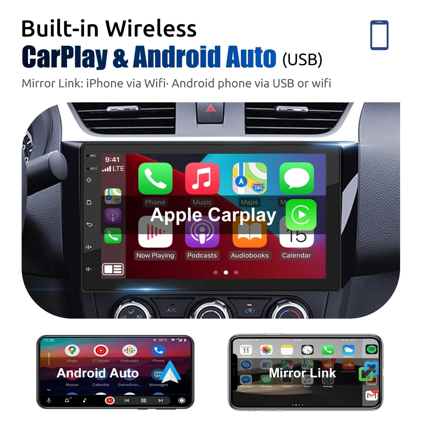 Universell Android-bilstereo med pekskärm, GPS och trådlös CarPlay