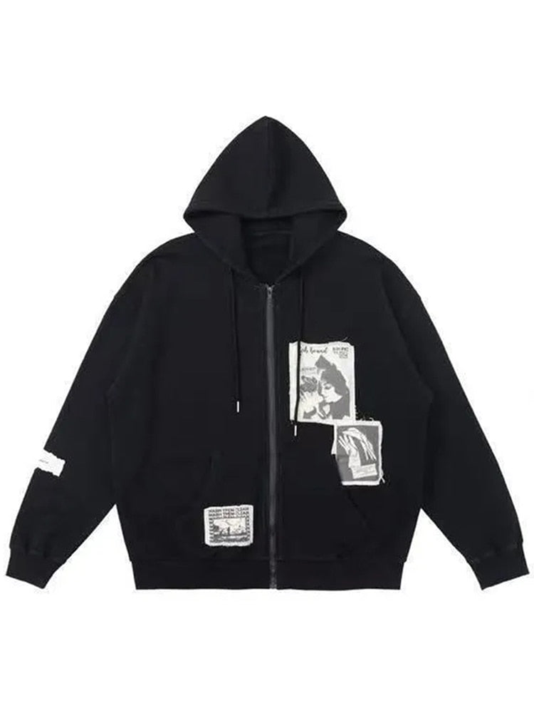 Schwarzer Kapuzenpullover mit grafischen Aufnähern, Reißverschluss, Baumwolle, Unisex-Mode.