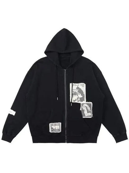 Schwarzer Kapuzenpullover mit grafischen Aufnähern, Reißverschluss, Baumwolle, Unisex-Mode.