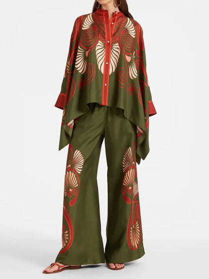 Tvådelat damlinne streetwear-set med etno-print – Samira höstkollektion