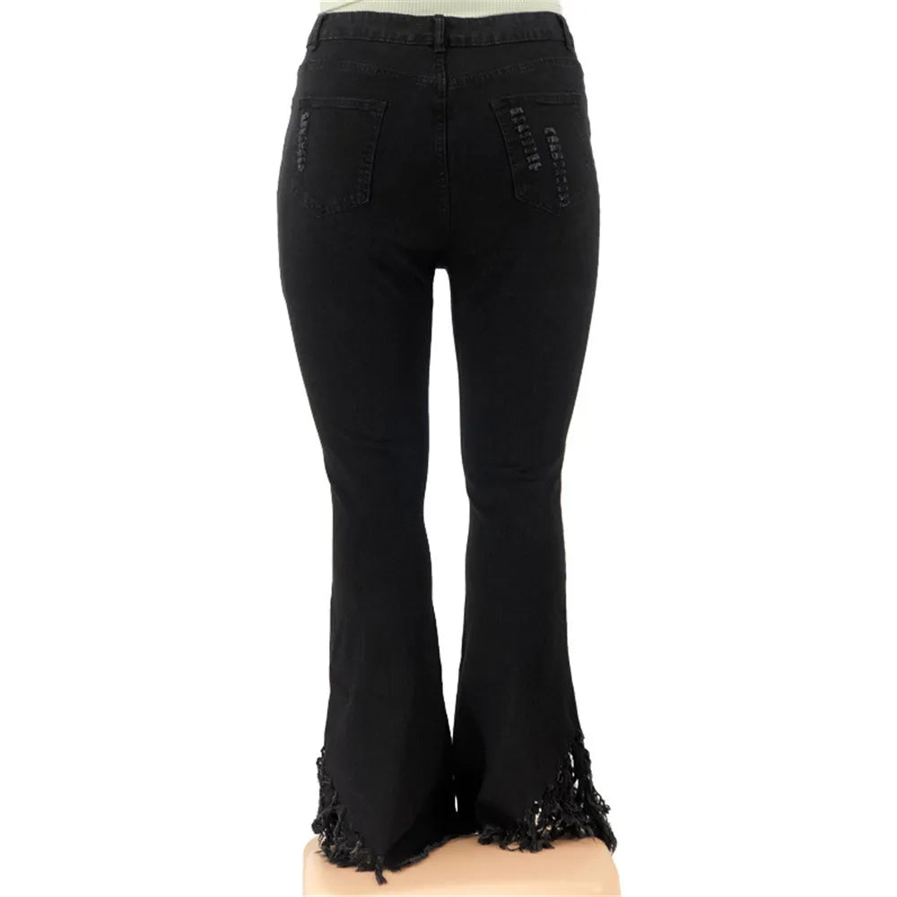 Schwarze Schlaghose Damen, Fransen, Denim, modisch, Rückansicht, lässig, elegant, bequem