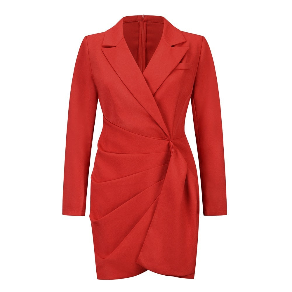 Rotes Damenkleid, langärmelig, Wickeloptik, elegantes Design, ideal für Abendveranstaltungen.