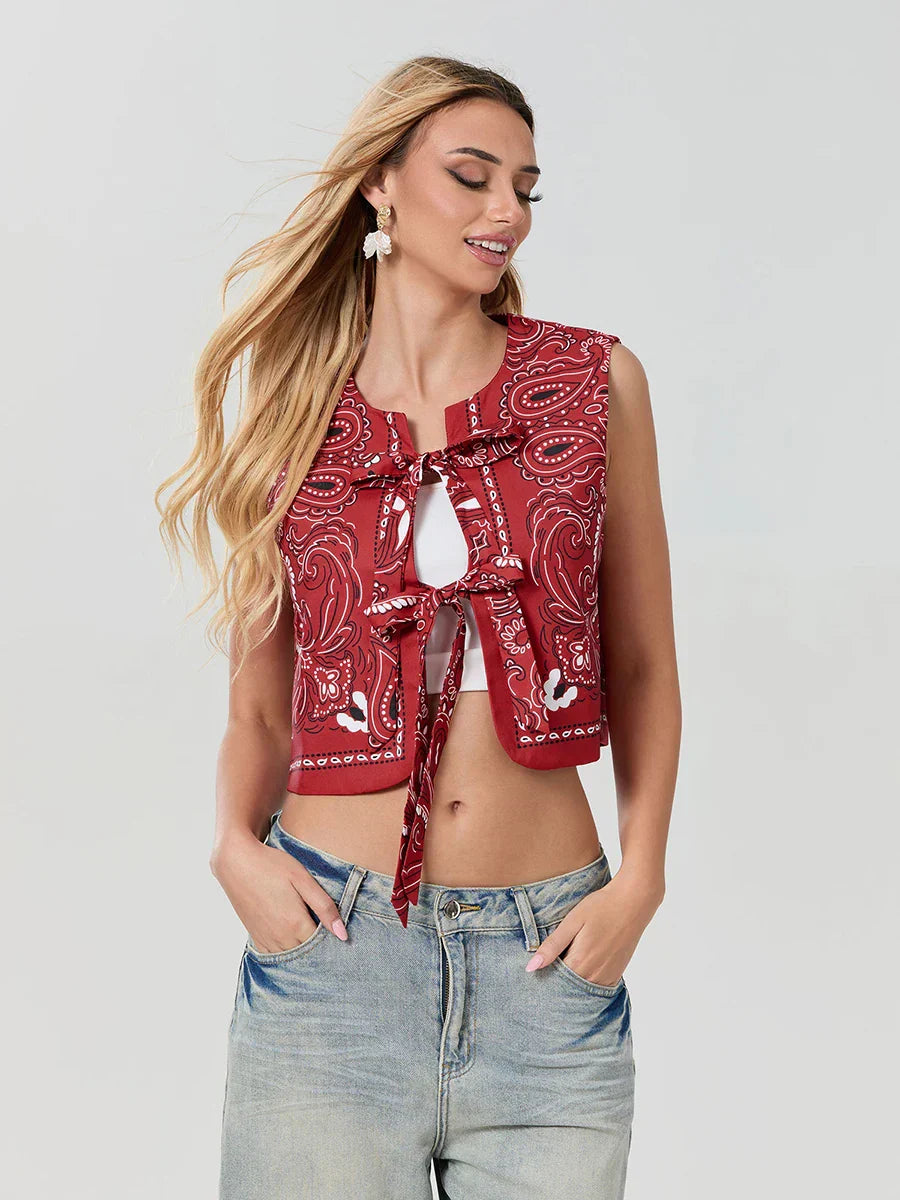 Y2K röd bandana-omlottopp trendig croppad streetwear-överdel - Liora