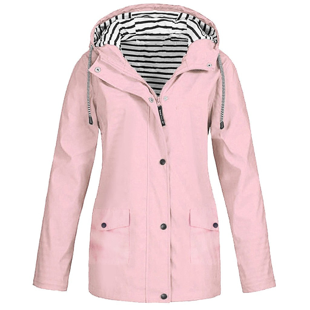 Damen Regenjacke rosa, gestreiftes Innenfutter, Kapuze, wasserdicht, Outdoor-Bekleidung.