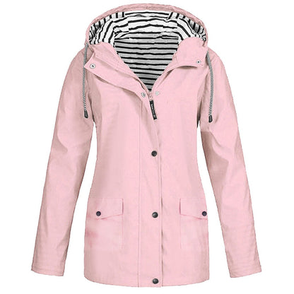 Damen Regenjacke rosa, gestreiftes Innenfutter, Kapuze, wasserdicht, Outdoor-Bekleidung.