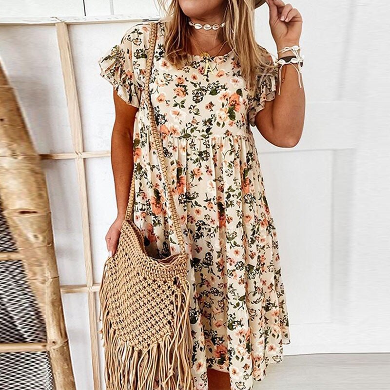 Boho-blommig klänning med volanger och midjesnitt – Calista
