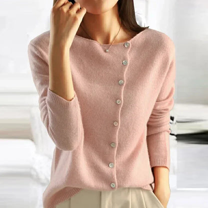 Damenpullover rosa, Kaschmir, Knopfleiste, elegant, langärmelig, Herbstmode, bequem.
