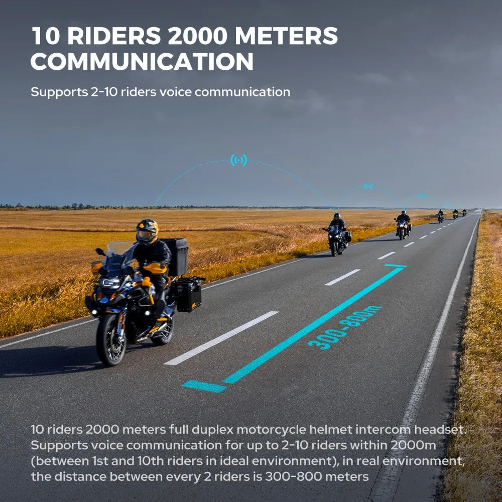Bluetooth-motorcykelintercom för 10 förare & IP67 vattentät – RideSync