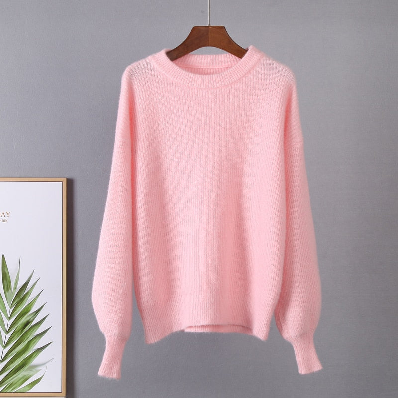 Rosa Damenpullover aus Strick, langärmelig, weiches Material, modisch, gemütlich, Herbstmode.