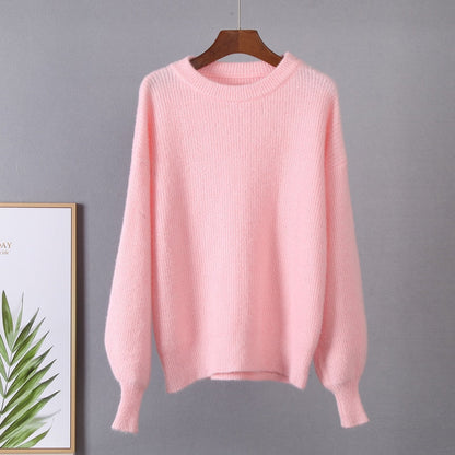 Rosa Damenpullover aus Strick, langärmelig, weiches Material, modisch, gemütlich, Herbstmode.
