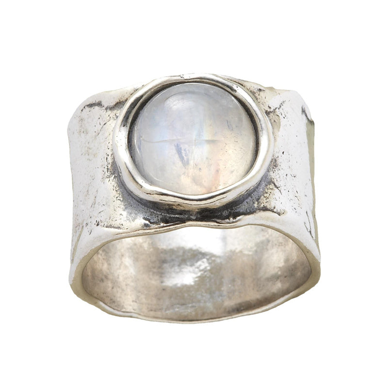 Silberring mit Mondstein, breites Band, handgefertigt, Schmuck, Boho-Stil, Unisex.