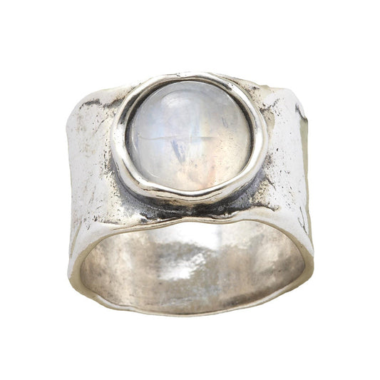 Silberring mit Mondstein, breites Band, handgefertigt, Schmuck, Boho-Stil, Unisex.