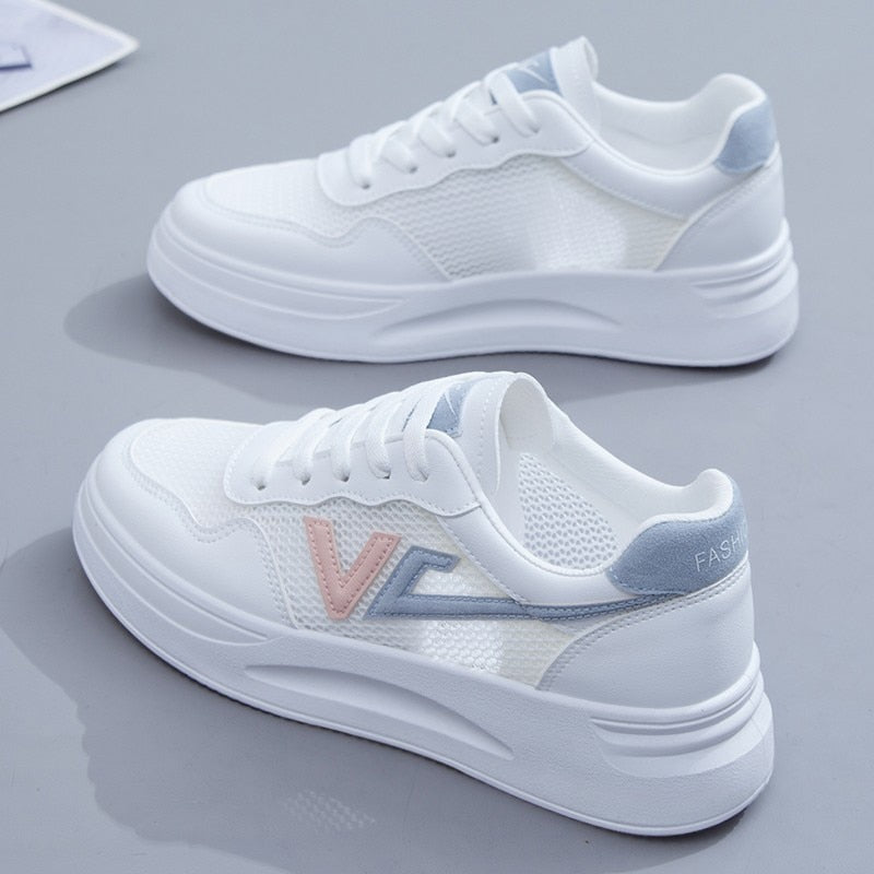 Weiße Sneaker Damen, atmungsaktiv, modisch, Mesh, Freizeit, rutschfest, sportlich.