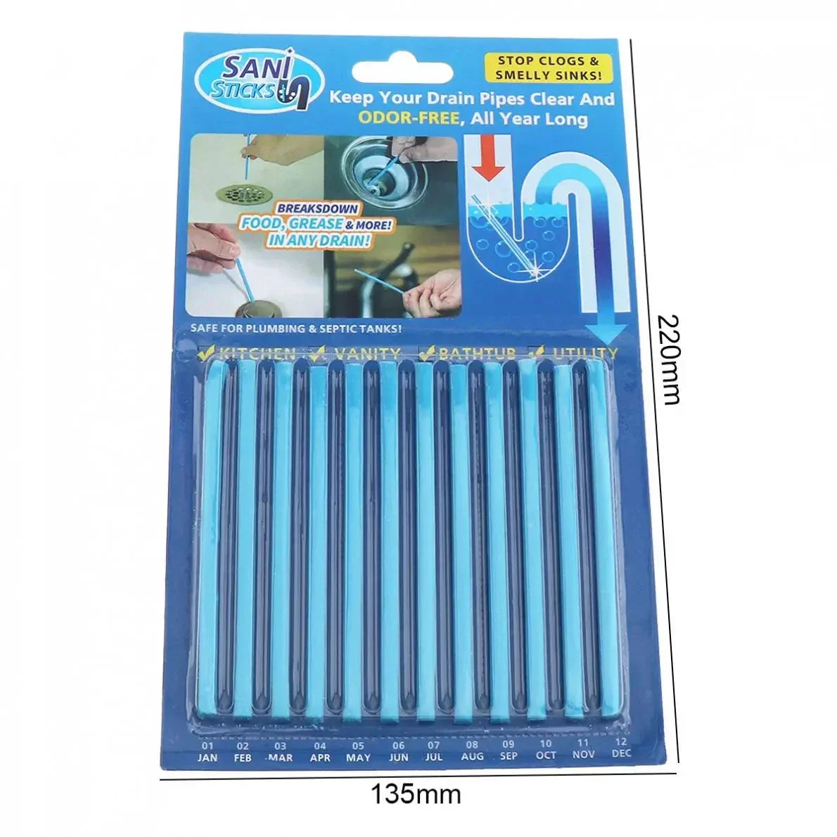 Sani Sticks Abflussreiniger, blau, 12 Stück, Geruchsneutralisierung, Rohrreinigung, Küche, Bad