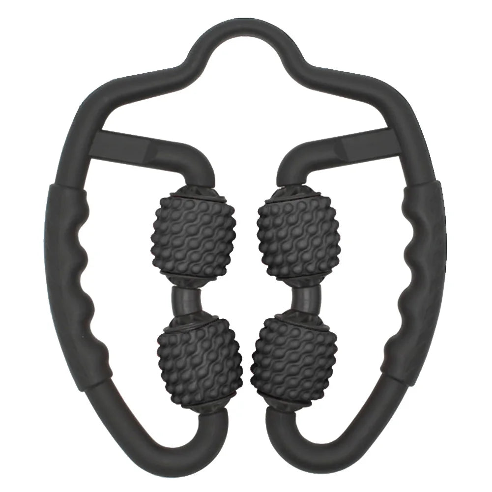 Schwarzer Muskelroller, Handmassagegerät, ergonomisch, für Muskelentspannung und Schmerzlinderung.
