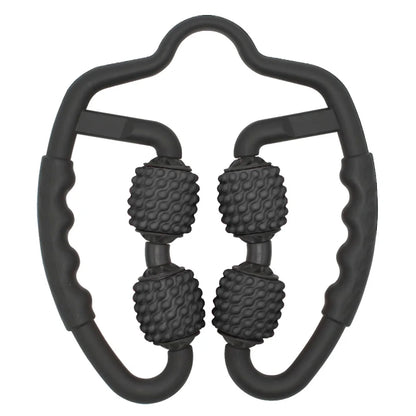 Schwarzer Muskelroller, Handmassagegerät, ergonomisch, für Muskelentspannung und Schmerzlinderung.