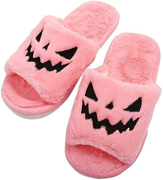 Rosa Plüsch-Hausschuhe mit Halloween-Kürbisgesicht, Damen, gemütlich, rutschfest.