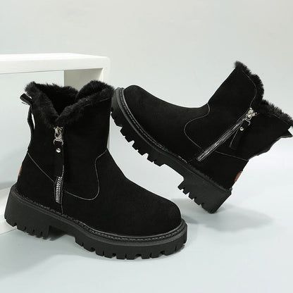 Schwarze Damen-Winterstiefel, Kunstfell, Reißverschluss, rutschfeste Sohle, modisch, warm.