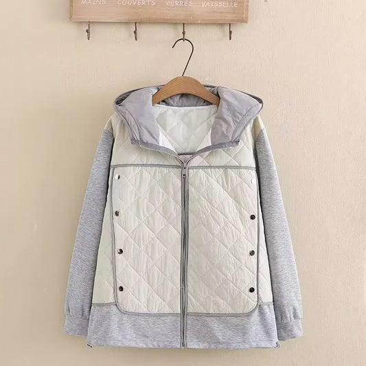 Damen Kapuzenjacke, grau-weiß, Steppdesign, Reißverschluss, Freizeitmode, Herbstkleidung.