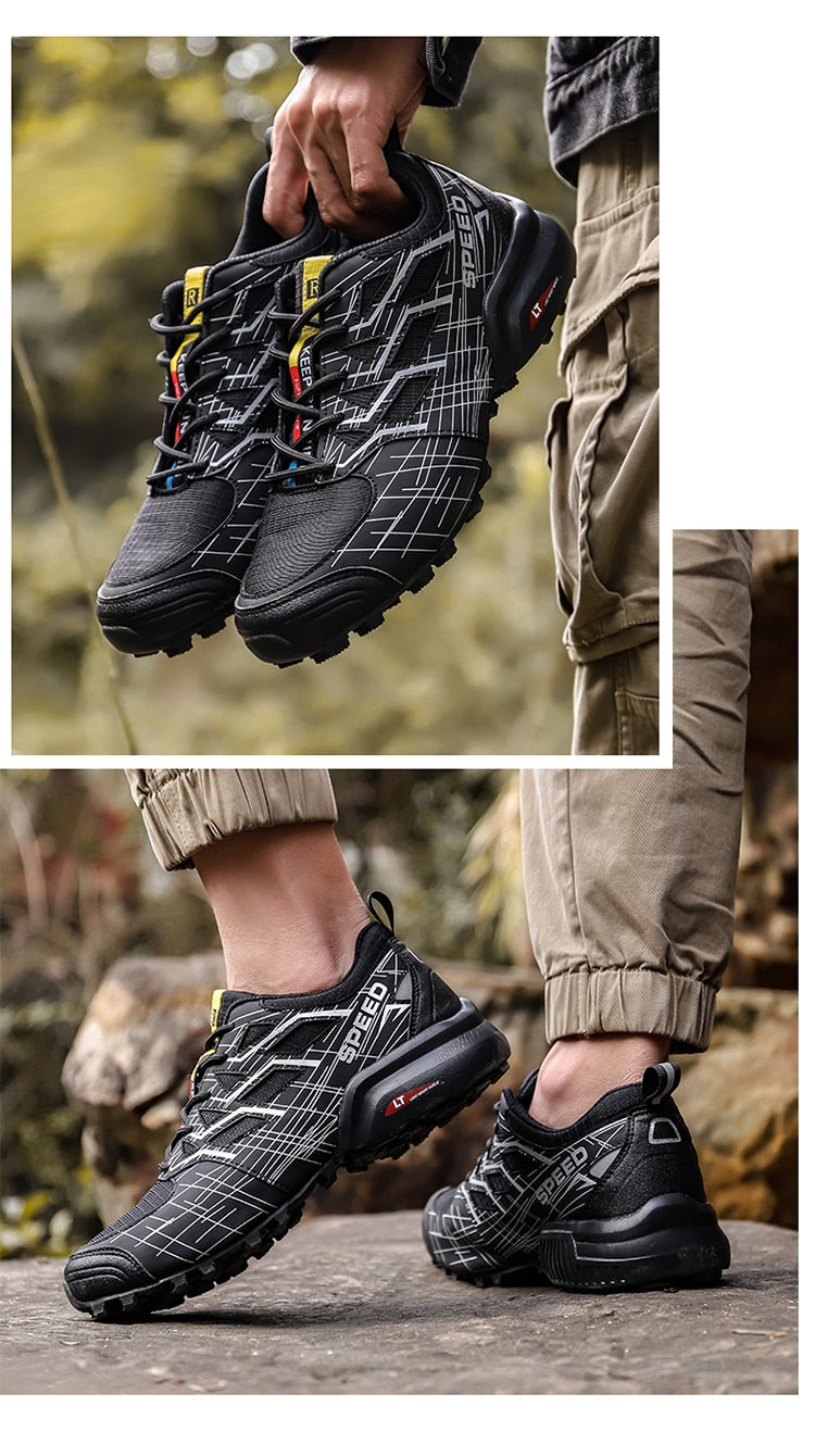 Schwarze Outdoor-Trekkingschuhe, rutschfest, atmungsaktiv, für Herren, robustes Design.