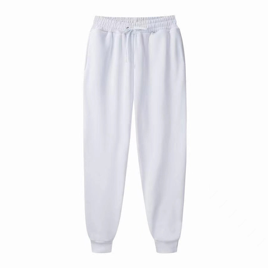 Weiße Jogginghose, Baumwolle, elastischer Bund, Kordelzug, bequem, Freizeitkleidung, Unisex.