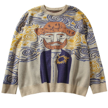 Bunter Strickpullover mit Van-Gogh-Motiv, beige, blau, gelb, Unisex, Kunst-inspiriertes Design.