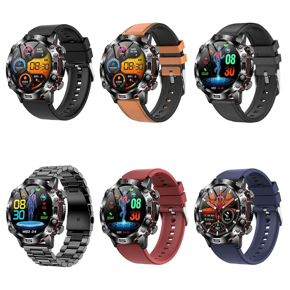 Sechs Smartwatches mit rundem Display, verschiedenen Armbändern, digitalem Zifferblatt.