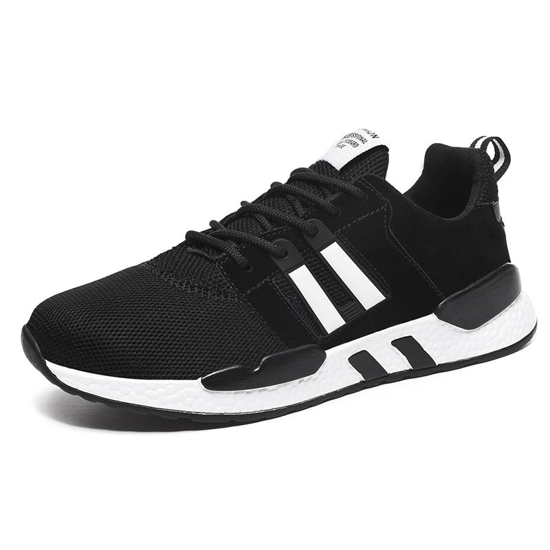 Schwarzer Sportschuh, Herren, atmungsaktiv, Adidas-Stil, weiß-schwarze Streifen, Laufschuh.