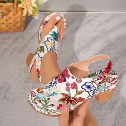 Färgglada dam sandaler med blommönster och klack – Yasmina