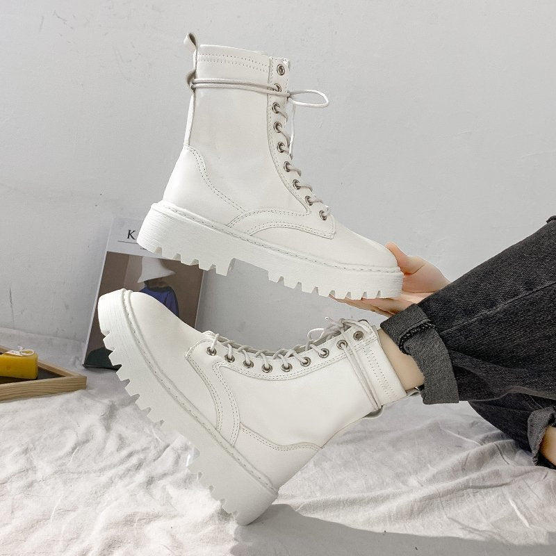 Weiße Damen-Schnürstiefel, Leder, klobige Sohle, modisch, bequem, Herbst-Winter.