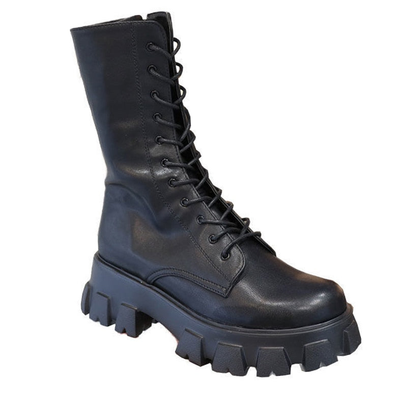 Schwarzer Lederstiefel mit dicker Sohle, Schnürung, modisch, robust, Unisex.
