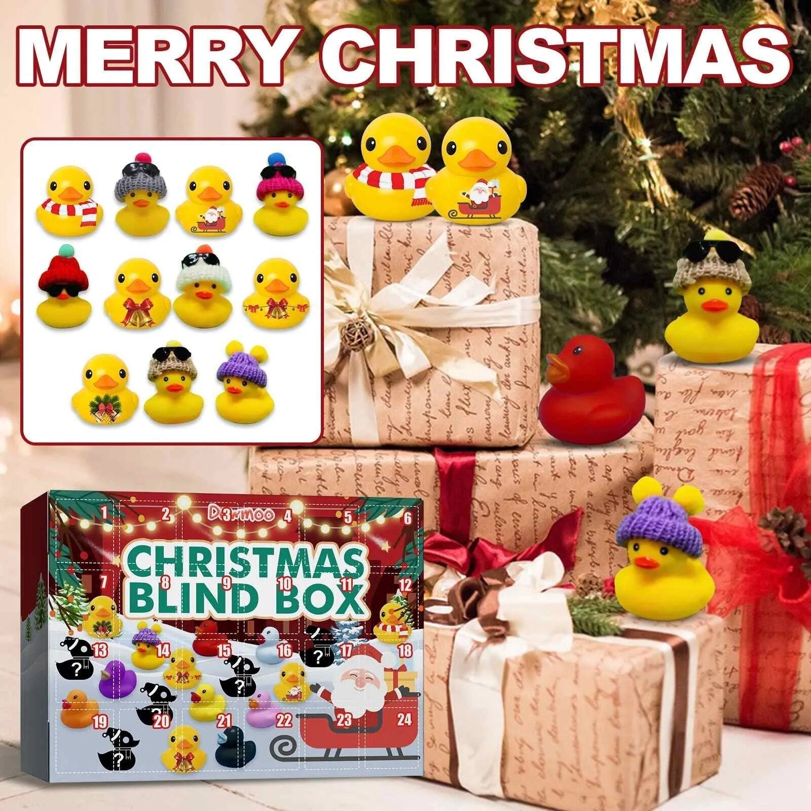 Weihnachts-Badeenten-Set mit Adventskalender, gelb, Geschenkverpackung, festliche Dekoration.