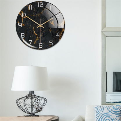 Schwarze Wanduhr mit goldenen Adern, modernes Design, Wohnzimmerdekoration, runde Form.