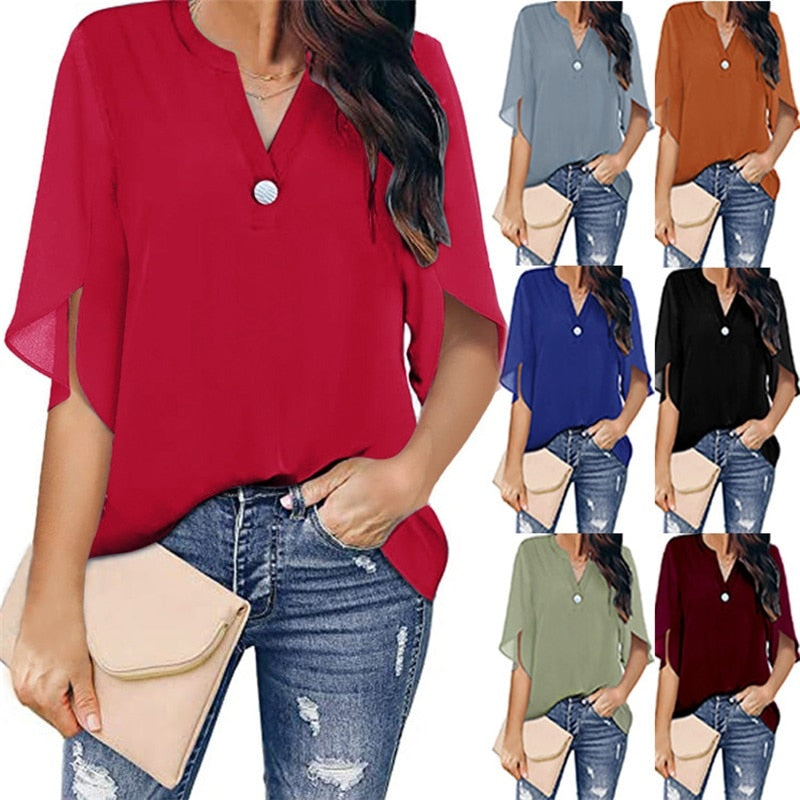 Damenbluse mit V-Ausschnitt, kurzärmelig, in Rot und anderen Farben, lässig, elegant.