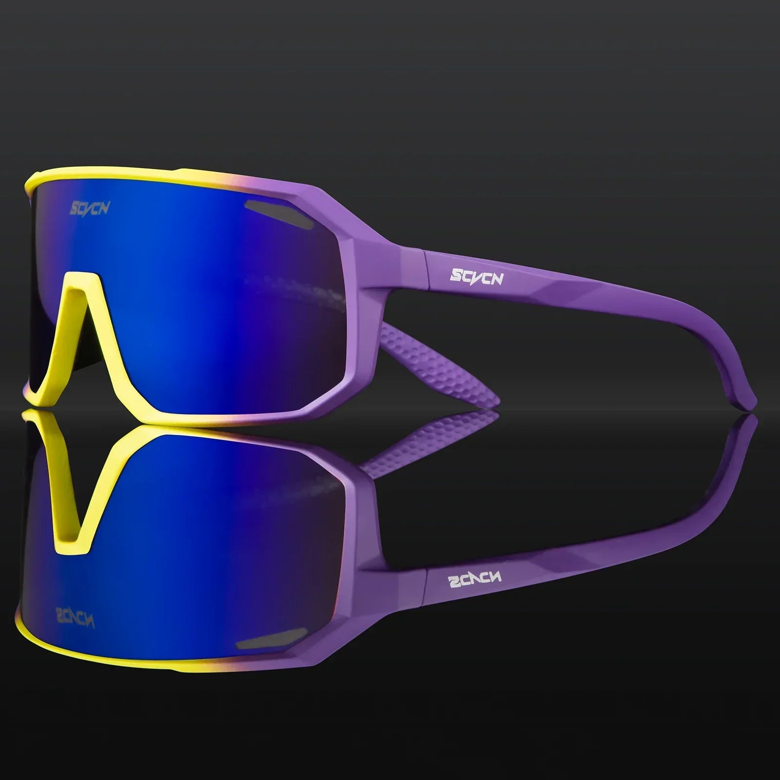 Lila-gelbe Sportsonnenbrille mit blauen Gläsern, reflektierend, modisch, für Outdoor-Aktivitäten.