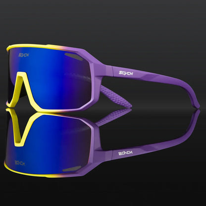 Lila-gelbe Sportsonnenbrille mit blauen Gläsern, reflektierend, modisch, für Outdoor-Aktivitäten.