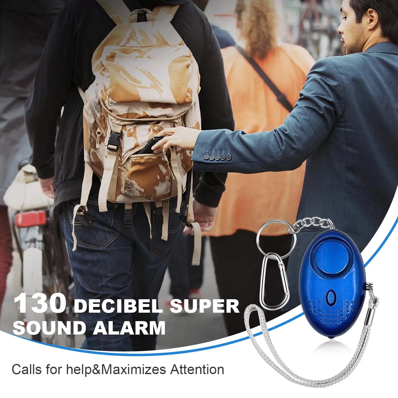 Blauer persönlicher Alarm, 130 Dezibel, tragbar, Sicherheitsgerät, Schlüsselanhänger.
