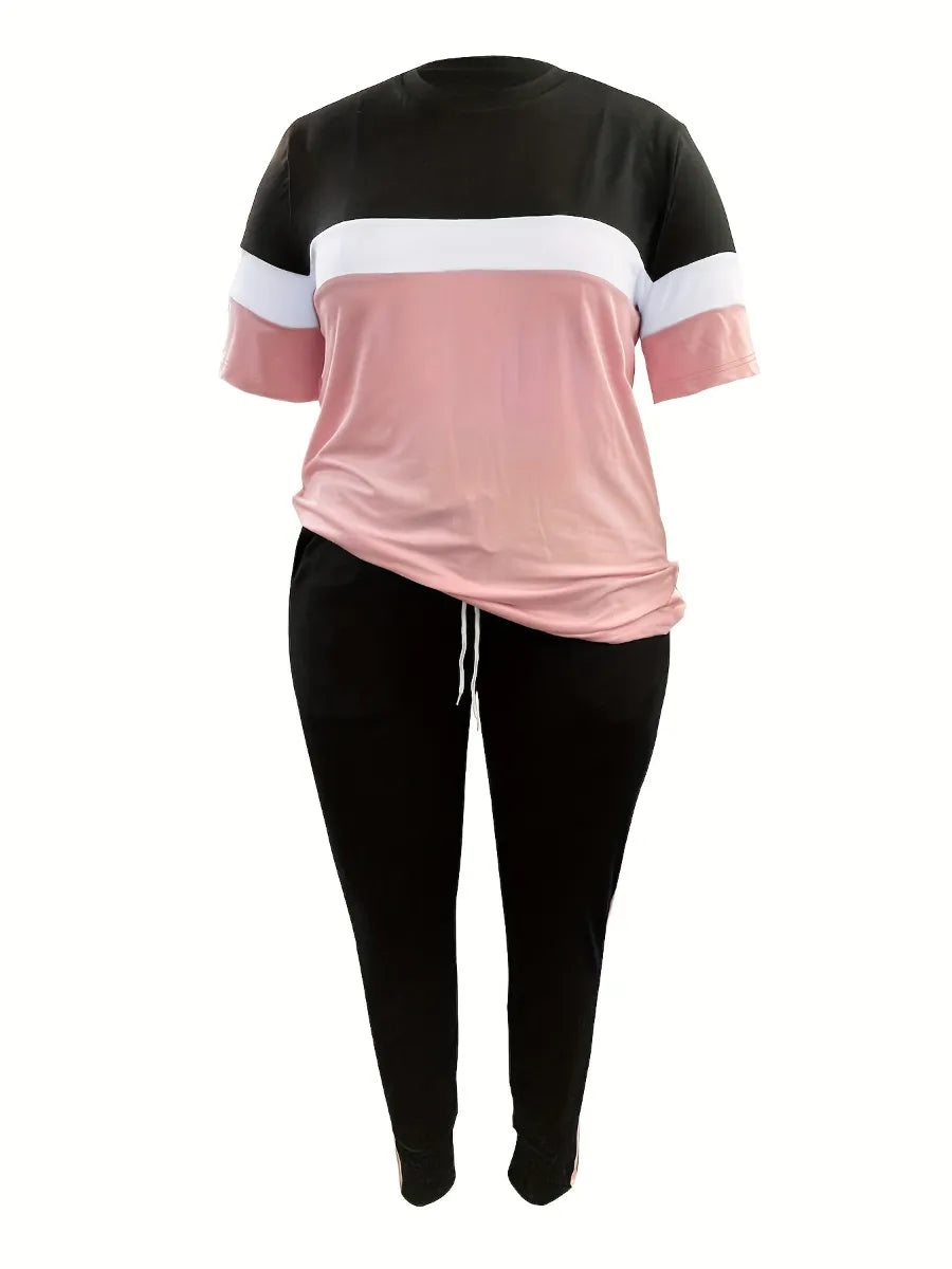 Damen Jogginganzug, schwarz-rosa, kurzärmelig, Baumwolle, bequem, Freizeitmode.