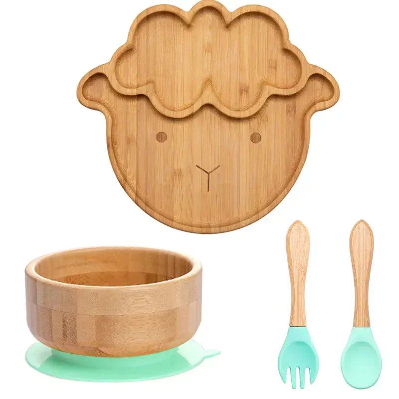 Bambus Kindergeschirr Set, Schaf-Design, Teller, Schüssel, Besteck, umweltfreundlich, rutschfest