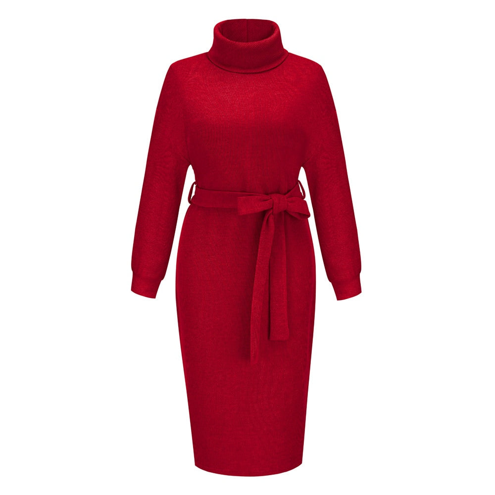 Rotes Strickkleid mit Rollkragen und Gürtel, Damenmode, elegantes Winteroutfit.