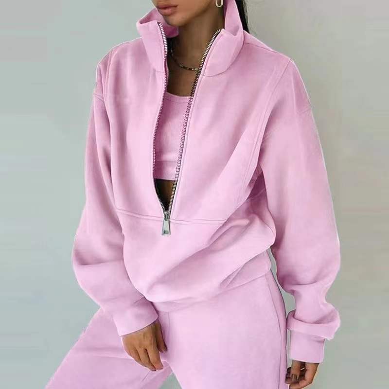 Damen rosa Trainingsanzug mit Reißverschluss, bequeme Sportbekleidung, Freizeitmode.