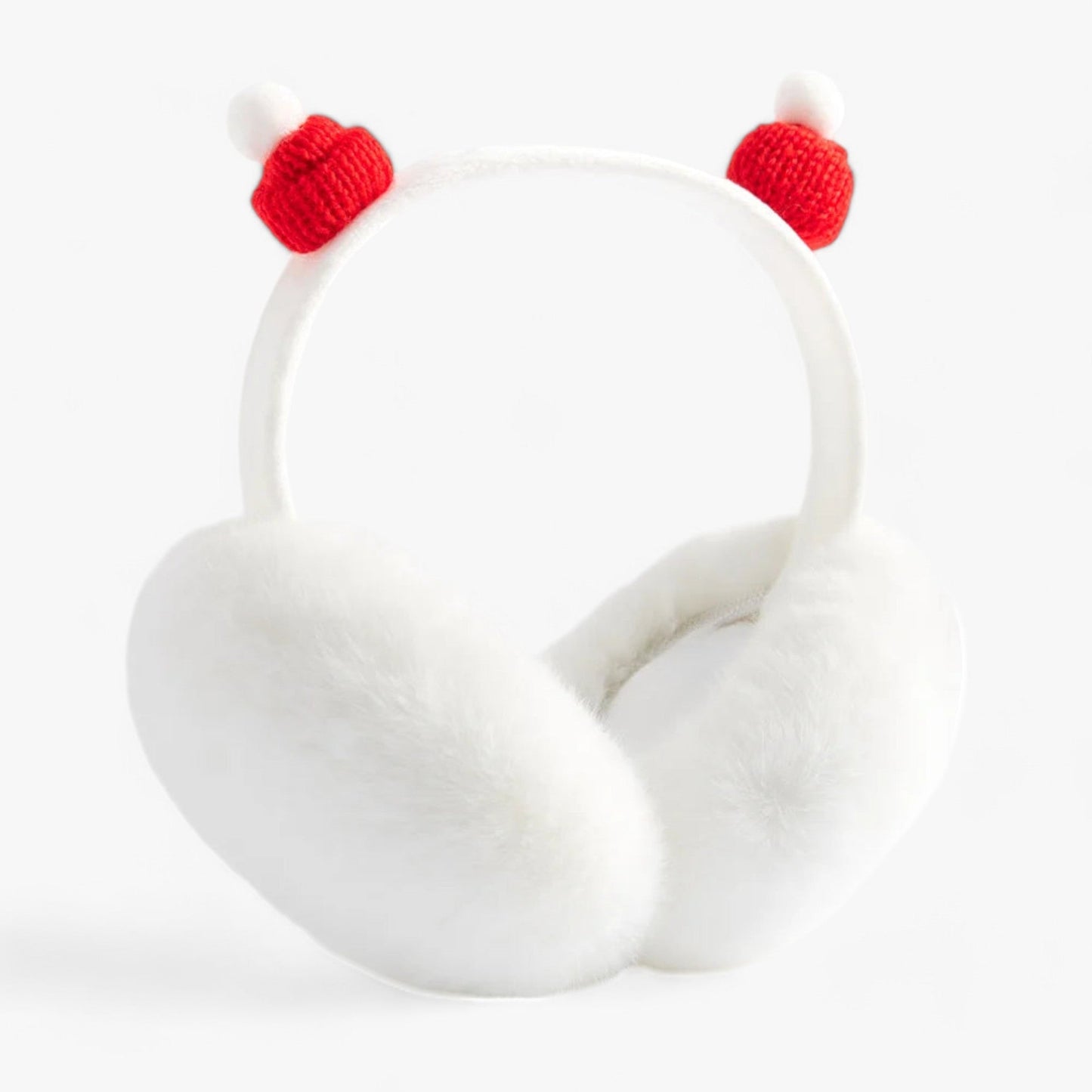 Weiße Plüsch-Ohrenschützer mit roten Strickmützen, Winteraccessoire, warm und modisch.
