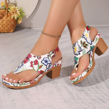 Färgglada dam sandaler med blommönster och klack – Yasmina