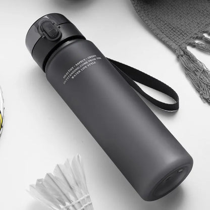 Graue Edelstahl-Wasserflasche mit Deckel und Trageschlaufe, isoliert, 500ml, modern.