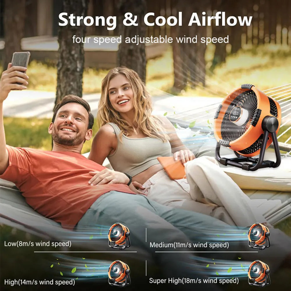 Campingfläkt med 20 000 mAh batteri, LED-ljus & fjärrkontroll – WindMate
