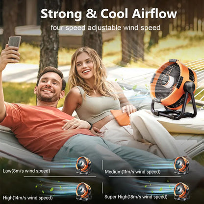Campingfläkt med 20 000 mAh batteri, LED-ljus & fjärrkontroll – WindMate
